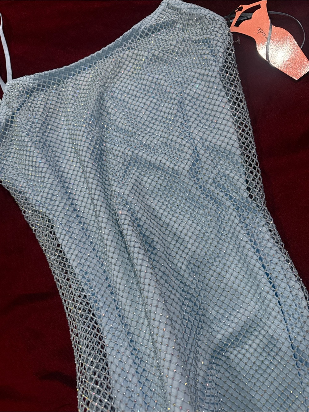 Light Blue Sequin Mesh Slip Dress with Spaghetti Straps - Picture 2 of 5